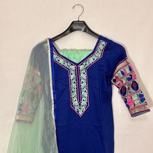 Blue Embroidered Kurta Set with Sheer Dupatta